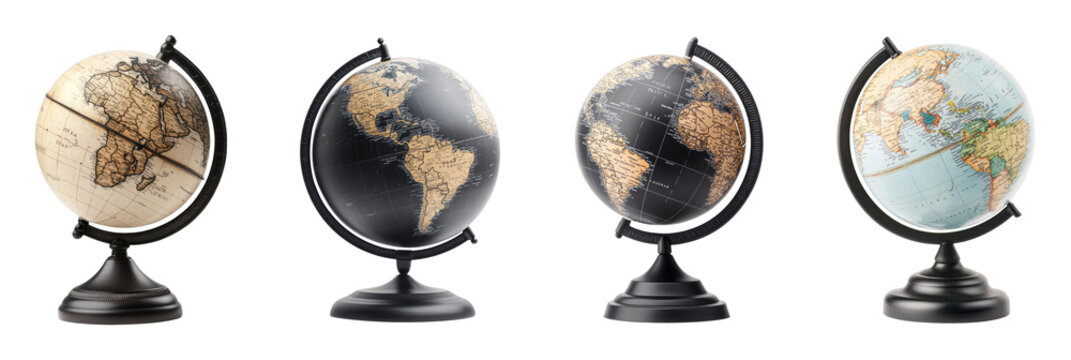Collection of vintage globes showcasing world maps