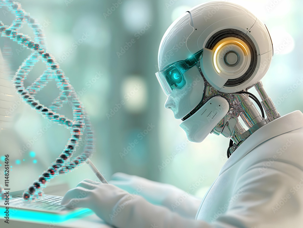 Poster a futuristic robot interacts with a digital interface, symbolizing advancements in technology and ar