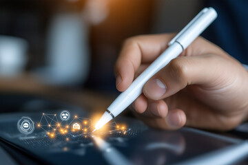 businessman hand holds white pen, creating digital connections on tablet. image conveys innovation and technology in modern workspace