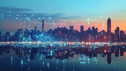 Obraz premium A city skyline at dusk, with glowing blue network connections linking buildings and streets, symbolizing the integration of smart technology in urban life. 