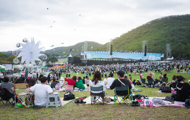 People in Summer festival concert  in the park at open air in front of stage