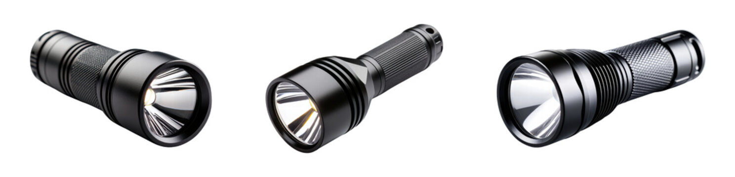 Collection of modern LED flashlights on a black background