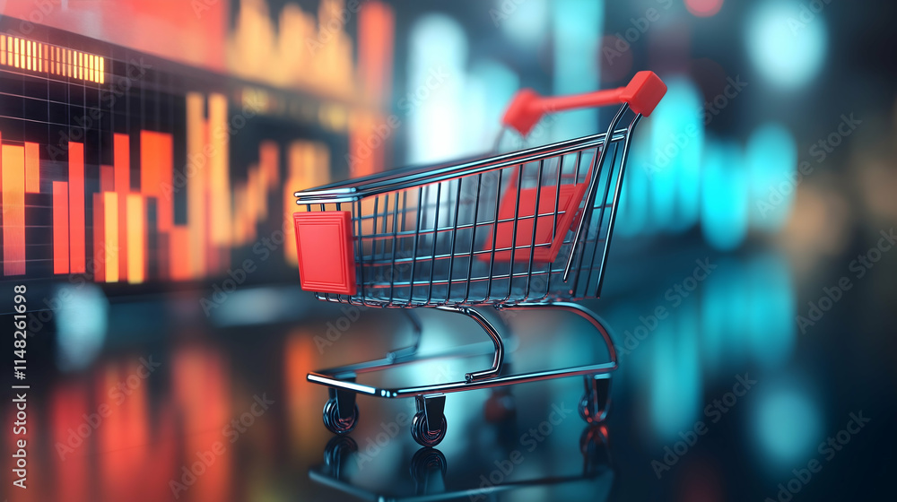 Aufkleber a digital shopping cart stands prominently with colorful data visualizations in the background, symb