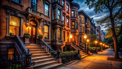 Night Photography Brownstone Building, Cityscape, Urban Architecture, Dark Night, Illuminated Facade,  Evening City Lights, Brownstone Exterior, Building Photography