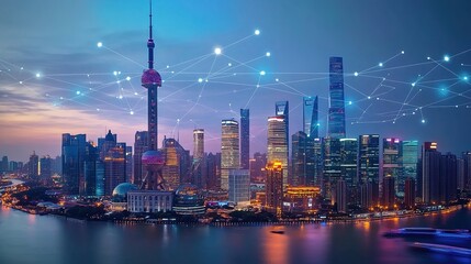 Fototapeta premium A city skyline at dusk, with glowing blue network connections linking buildings and streets, symbolizing the integration of smart technology in urban life. 