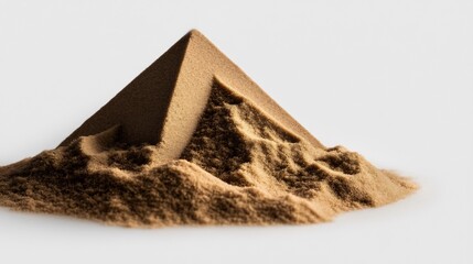 Sand Pyramid: A miniature desert landscape featuring a meticulously crafted pyramid made of sand, highlighting texture and form against a minimalist backdrop.