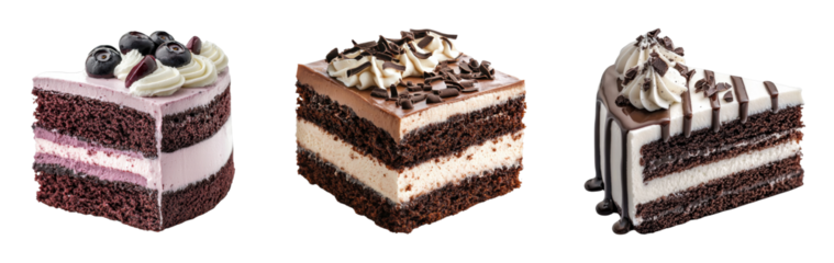 Assorted chocolate cakes with creamy layers and toppings