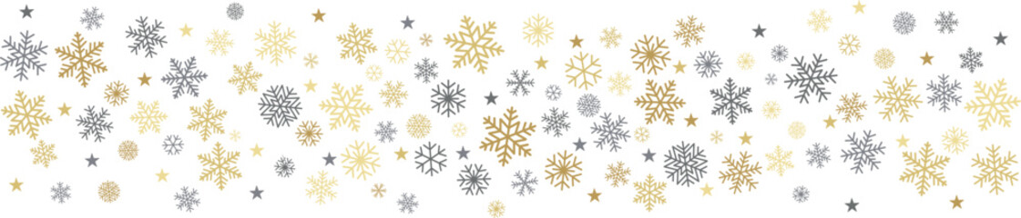 Christmas snowflakes background. Winter gold and silver snow decoration, greeting card. Noel subtle frame backdrop. Vector illustration
