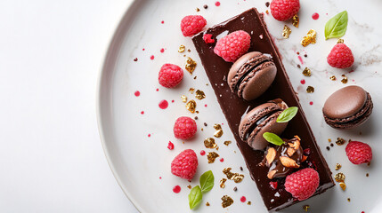 Elegant Chocolate Dessert with Raspberries and Macarons
