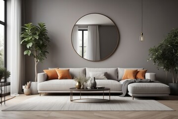 Living room nterior with sofa, mirror and ficus