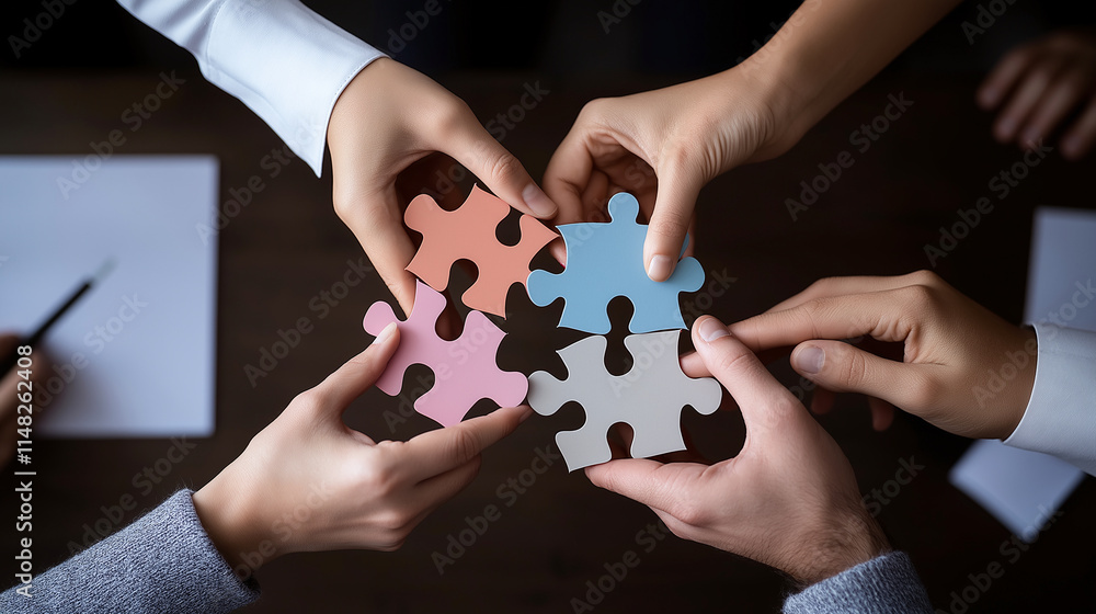 Poster hands holding colorful puzzle pieces, symbolizing teamwork and collaboration. image captures essence