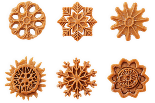 Six intricately designed brown cookies arranged in rows, on transparent background