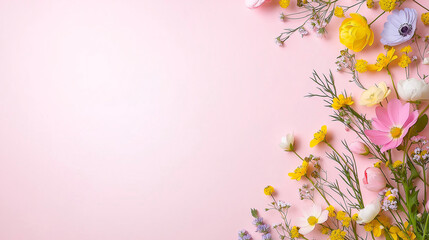 Naklejka premium Colorful spring flowers arranged on soft pink background create vibrant and cheerful atmosphere, perfect for celebrating nature beauty
