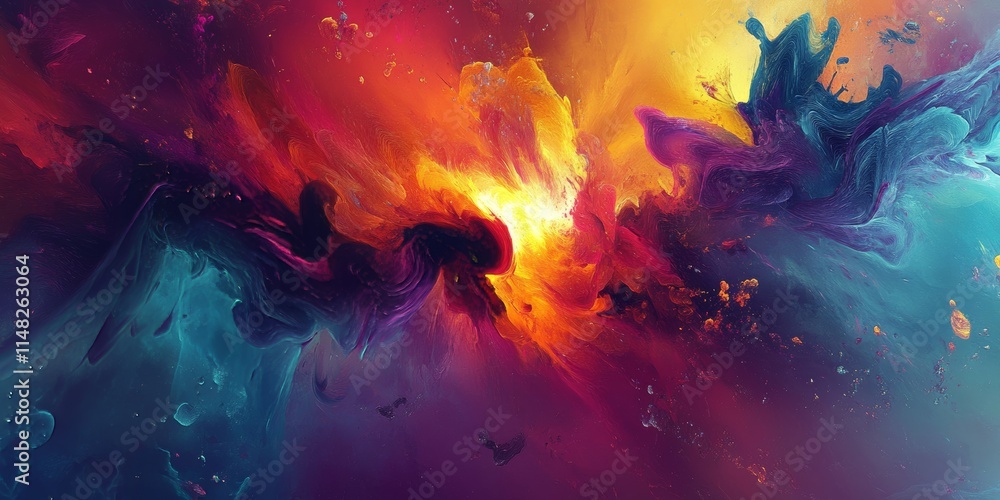 Poster a vivid abstract artwork showcasing a swirl of vibrant colors and dynamic textures, creating an ener
