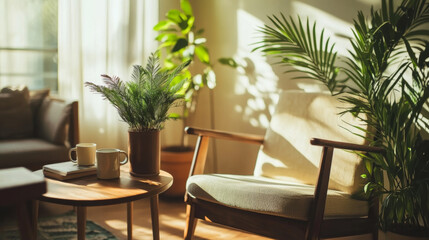 Fototapeta premium Bright Living Room with Plants and Wooden Furniture