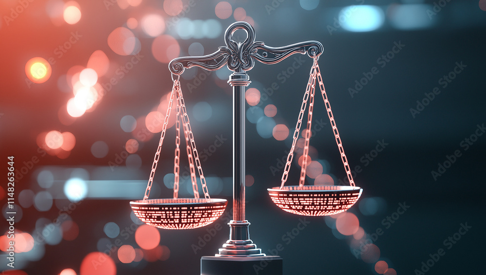 Poster digital representation of balanced scale symbolizing justice, featuring intricate details and glowin