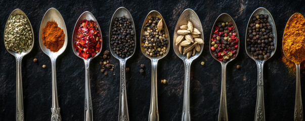 Assorted Spices in Spoons on Rustic Background