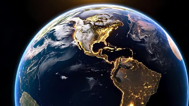 View of Earth from Space Highlighting North and South America with City Lights and Atmospheric Glow

