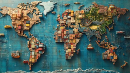 Global trade representation world map artistic visualization shipping containers aerial perspective economic connections