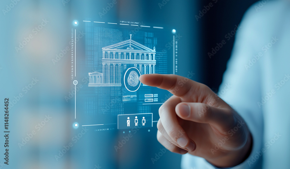 Poster person interacts with digital interface displaying building design, showcasing advanced technology and user engagement. scene reflects innovation and modern architecture