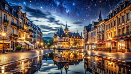 Obraz premium Night Photography Vittel: Sparkling City Lights, Dark Sky, Illuminated Buildings, Scenic Night View, France