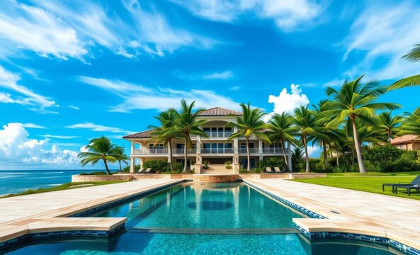 Luxurious beachfront mansion, infinity pool, tropical paradise, palm trees, crystal clear water, blue sky with wispy clouds, architectural elegance, oceanfront property, high-end real estate, Caribbea