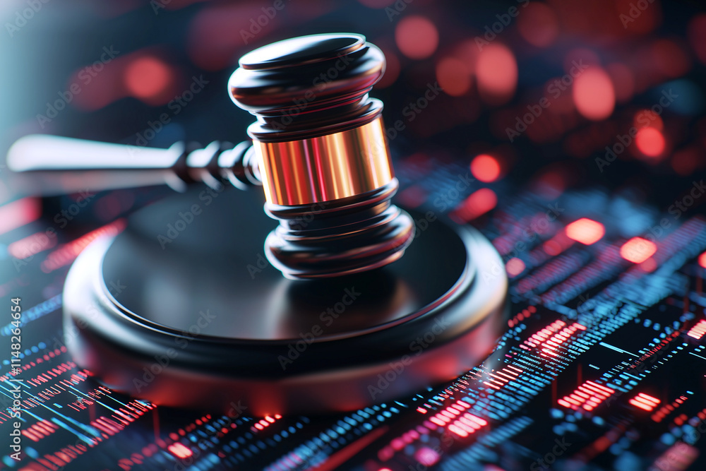Poster gavel rests on digital background filled with data visualizations, symbolizing intersection of law a