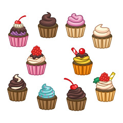 Set of cartoon cupcakes icons