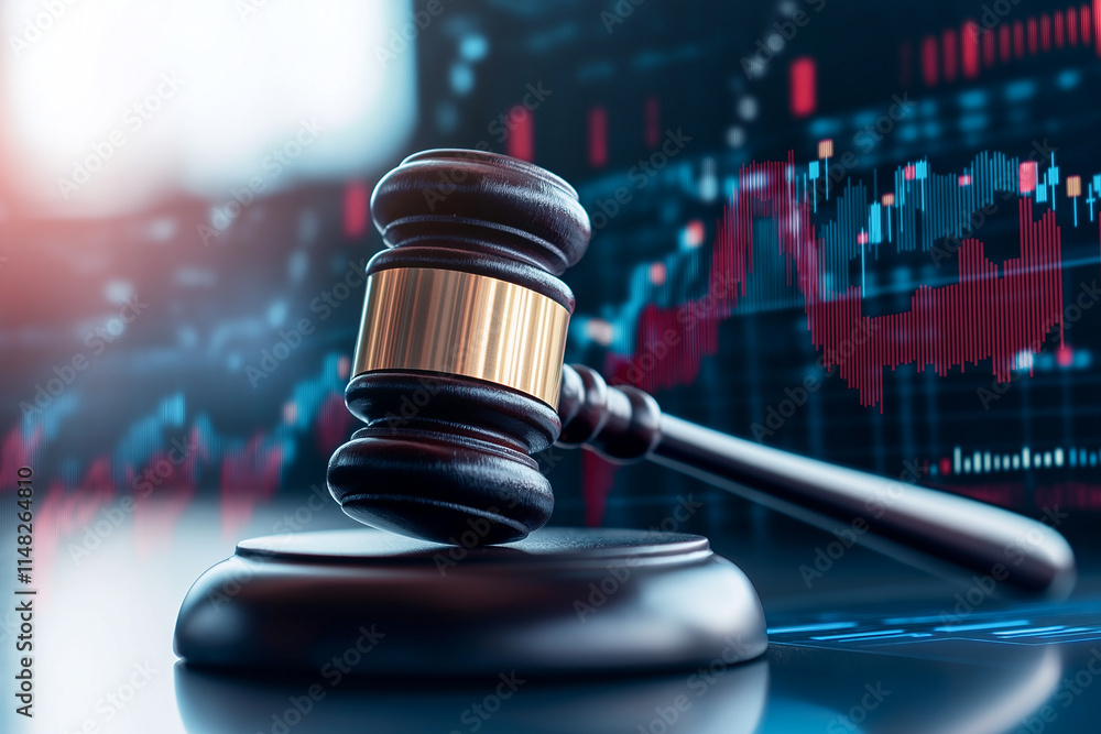 Poster gavel rests on digital background featuring data charts and graphs, symbolizing intersection of law 