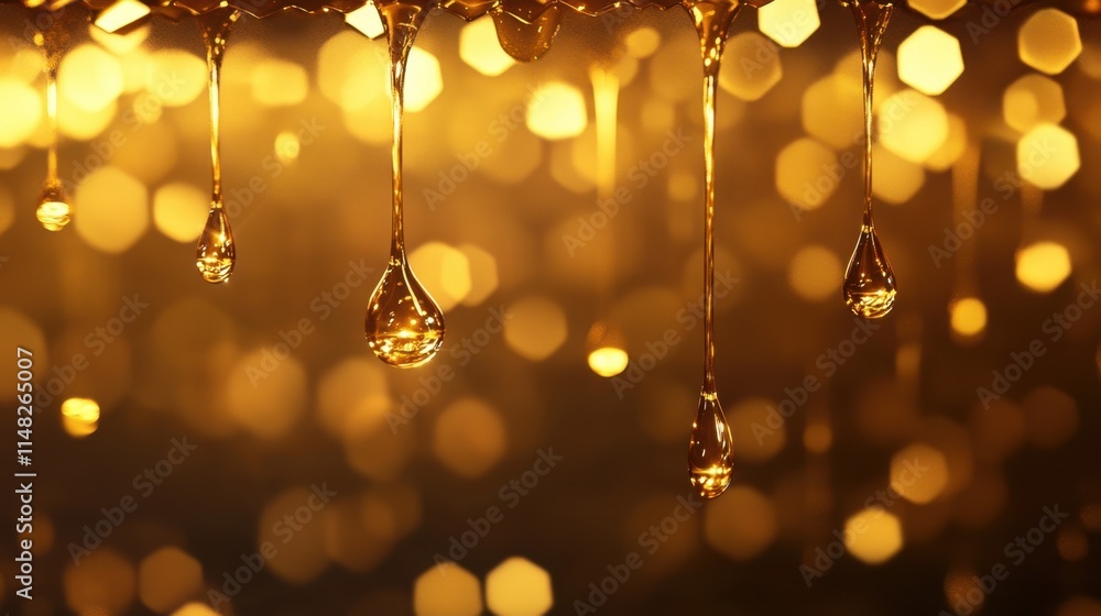 Poster glimmering golden drops with bokeh background effect in soft light