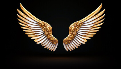 Fototapeta premium Golden wings with intricate details isolated on black background, showcasing elegance and beauty. Perfect for artistic and creative projects