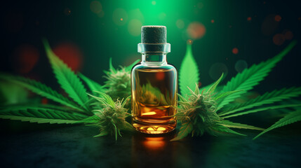 Fototapeta premium Cannabis Oil Bottle with Hemp Leaves and Buds in a Natural Setting