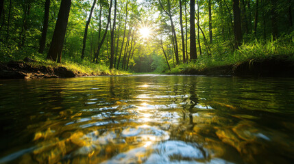 Fototapeta premium Forests and Swimming, A serene forest scene with sunlight filtering through trees, reflecting on a calm stream, creating a peaceful and tranquil atmosphere.
