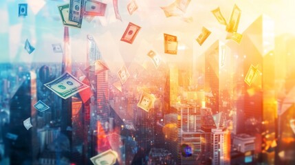 Obraz premium Money raining down in a vibrant cityscape urban financial growth digital art bright atmosphere aerial view prosperity concept