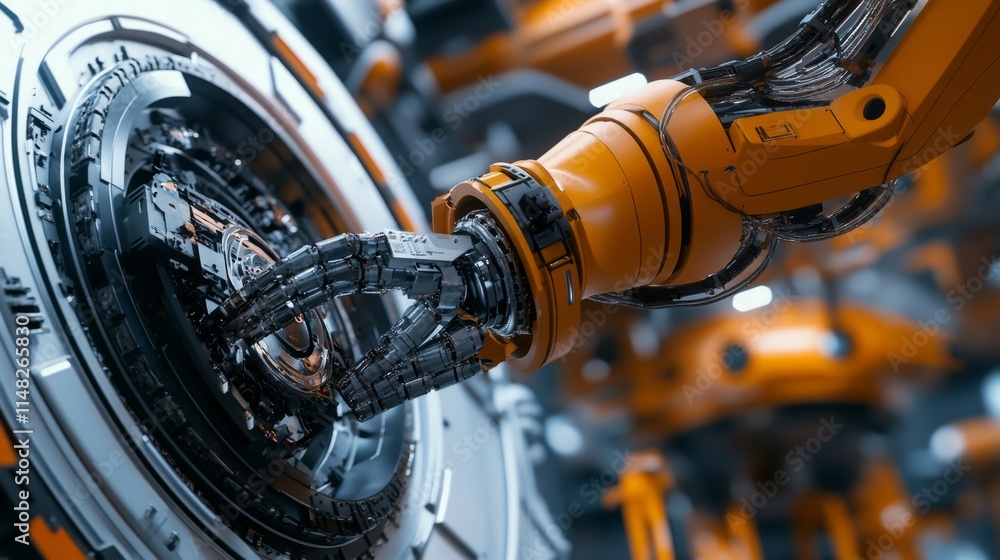 Poster robotic arm assembly line process high-tech factory industrial scene futuristic environment close-up