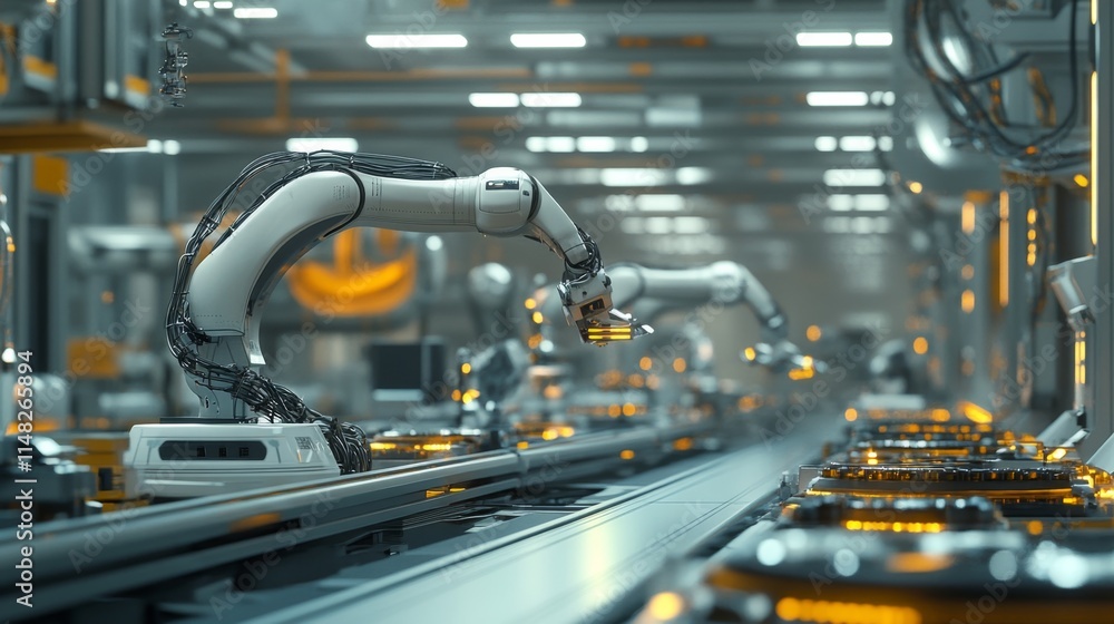 Poster robotic automation in manufacturing modern factory industrial scene high-tech environment perspectiv