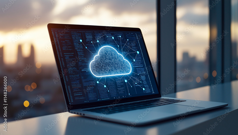 Poster laptop displaying cloud technology concept with data connections, set against sunset cityscape. imag