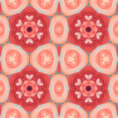 Patrón sin costuras Original. Colores. Formas. Estampa. Textura. Fondo. Caleidoscopio. Simétrico. Infinito. Rojo. Cálido