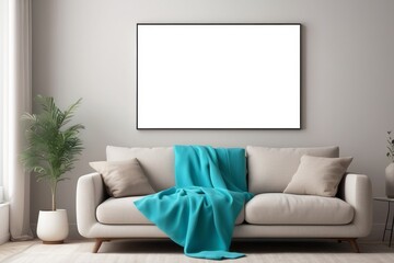 Turquoise blue knot pillow on a beige corner sofa and blank poster on a white wall in a modern living room interior