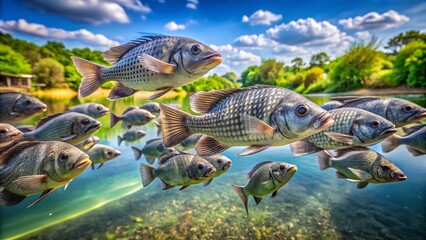 Fototapeta premium Nile Tilapia School, Gray Fish, Black Stripes, Canal, Freshwater Fish, Oreochromis niloticus, Cichlidae Family, Aquatic Life, Economic Fish, Farming, Aquaculture
