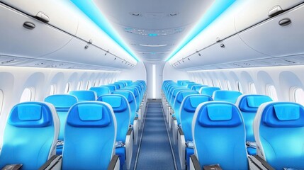 Naklejka premium Empty airplane cabin with blue seats and bright LED lighting.