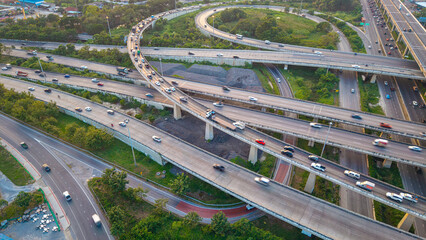 Aerial view city traffic junction road with car vehicle movement