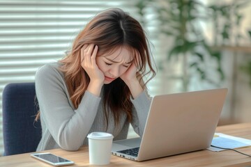 ノートパソコンで仕事をしながら両手を頭に当て悩み困る若い女性