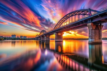 Fototapeta premium Novosibirsk Bridge Sunset Long Exposure Photography - Ob River Panorama