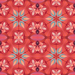 Patrón sin costuras Original. Colores. Formas. Estampa. Textura. Fondo. Caleidoscopio. Simétrico. Infinito. Rojo. Cálidos