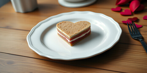 Heart-Shaped Dessert: A sweet heart-shaped pastry with a delicate filling, ready for a romantic Valentine's Day celebration, sits on a white plate, surrounded by red hearts.  