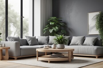 wooden coffee tables with plant in pot in front of grey corner sofa in fashionable living room interior,