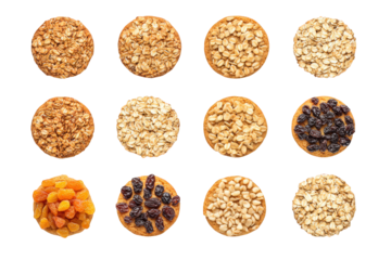 Twelve assorted oat cookies with nuts and raisins, on transparent background