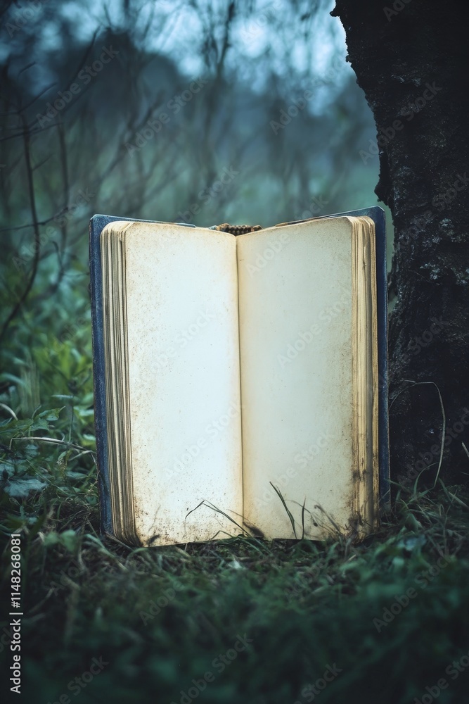 Aufkleber a book is open to a page with a tree in the background. the book is old and has a worn appearance. s