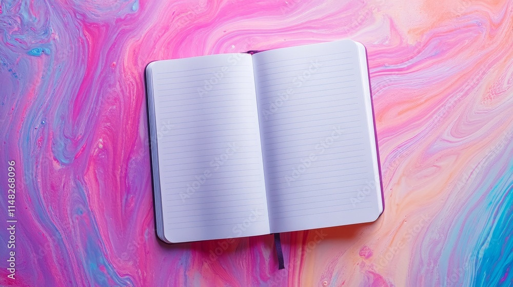 Poster a notebook is open on a pink and blue background. the notebook is empty and has a pink cover